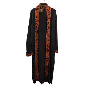 Vintage Native Nits Long Cardigan Women L Black & Orange Knit Open Front Geometr